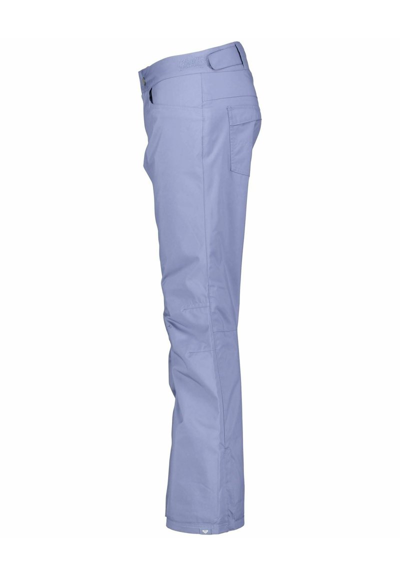 Pantalon bleu clair à coupe ajustée, en tissu lisse. Caractéristiques : poche avant, poche arrière et passants de ceinture.