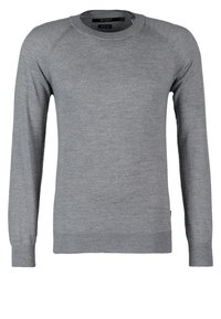 Grauere Langarmpullover mit rundem Ausschnitt, gerippten Bündchen und Saum. Glatte Textur, körpernahe Passform und Raglanärmel-Konstruktion.