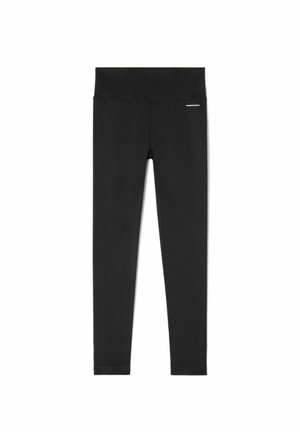Leggings noires à côtes avec une taille haute. Fabriquées en tissu extensible avec une texture lisse. Un logo minimal apparaît sur la taille.
