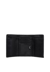 Portafoglio di tessuto nero con diverse fessure per carte, una tasca con cerniera e un compartimento in rete. Materiale durevole con un design semplice.