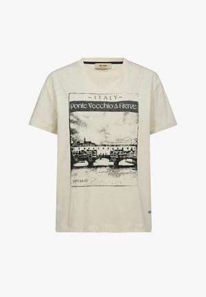 Cremefarbene Baumwoll-T-Shirt mit einem schwarzen Grafikdruck der Ponte Vecchio in Florenz. Kurzarm und mit einem Rundhalsausschnitt sowie einem kleinen Logoakzent.