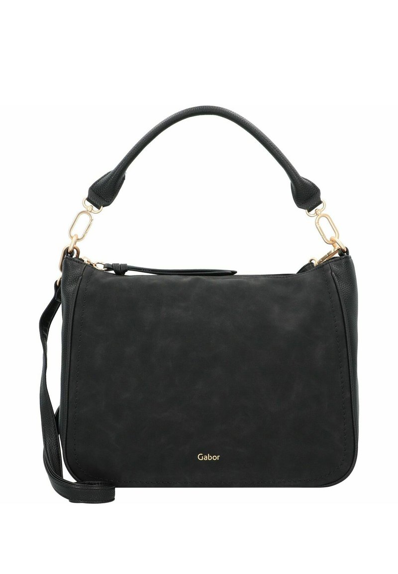 Borsa a mano in pelle nera con un design strutturato, dotata di manico superiore, tracolla removibile e dettagli in oro.