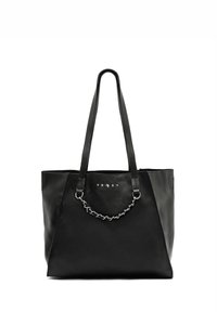 Čierna taška cez rameno s dvojitými textúrami, s hladkým a štruktúrovaným koženým dizajnom, dlhými popruhmi a predným reťazovým doplnkom so žiarovkovým detailom.