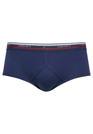 Slip di cotone blu navy con un elastico in contrasto caratterizzato da strisce rosse e grigie e il logo "Jockey". Design del taschino frontale.