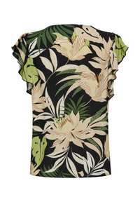 Blouse fleurie à manches courtes volantées, avec un fond noir, de grands motifs floraux beige et vert, et un tissu texturé.