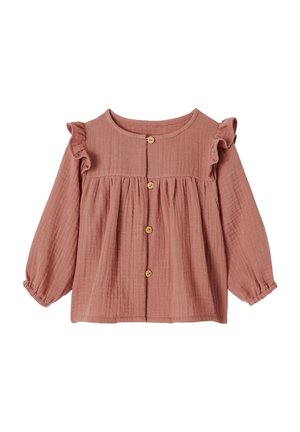 Long-sleeve dusty rose blouse with ruffled shoulders, gathered waist, button-down front, and elastic cuffs, made from textured fabric.