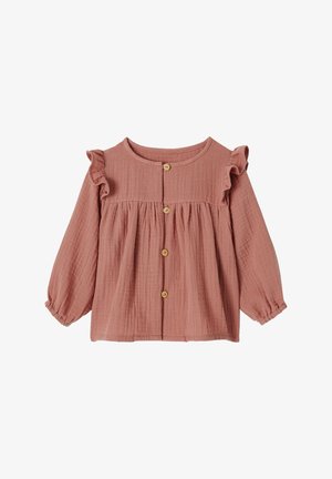 Langärmlige Bluse in Staubrosa mit gerafften Schultern, tailliertem Bund, Knopfleiste vorne und elastischen Bündchen, aus strukturierter Stoffqualität.