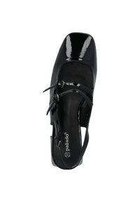 Svart blanka läderskor med fyrkantig tå, slingback-design, dubbla ankelremmar och slät textur med ett varumärke inuti.