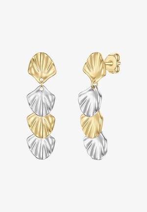 Zlaté a strieborné náušnice v tvare mušlí s vrstveným dizajnom; textúrovaný matný povrch; bezpečné zarážky pre pohodlné nosenie.
