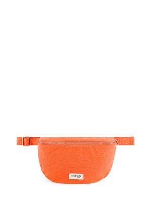 Sac banane en tissu orange avec fermeture zippée et sangle réglable, étiqueté "rivedroite Paris" au centre avant.