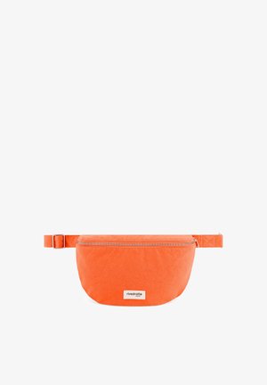 Sac banane en tissu orange avec fermeture zippée et sangle réglable, étiqueté "rivedroite Paris" au centre avant.