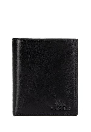 Cartera de cuero negro bifold con superficie texturizada y un pequeño logo en relieve en la esquina inferior derecha.