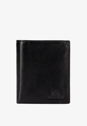 Black leather bifold wallet with textured surface and a small embossed logo in the lower right corner.