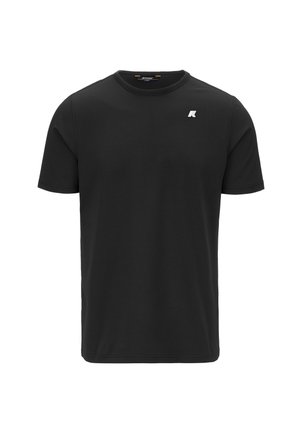 T-shirt nero a maniche corte realizzato in tessuto liscio; presenta un colletto rotondo e un piccolo logo bianco sul lato sinistro in alto.