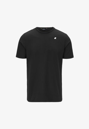 T-shirt nero a maniche corte realizzato in tessuto liscio; presenta un colletto rotondo e un piccolo logo bianco sul lato sinistro in alto.