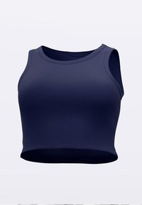 Marinblå ribbad croptopp med rund halsringning och vida armhålor. Tillverkad av ett stretchigt tyg för en figurnära passform.