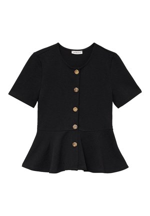 Schwarze, strukturierte Kurzarm-Bluse mit Peplum, Rundhalsausschnitt und fünf braun marmorierten Knöpfen in der Mitte vorne.