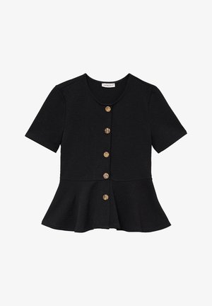 Sort tekstureret peplum-bluse med korte ærmer, rund halsudskæring og fem brune marmorerede knapper ned langs midten foran.