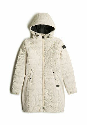 Lightweight cream puffer jacket, featuring a hood, zip closure, two side pockets, and black accents on the sleeve and zipper.