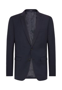 Dunkelblauer Blazer mit strukturierter Silhouette, Zwei-Knopf-Verschluss, Reverskragen, seitlichen Taschen und glatter Innenausstattung.
