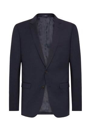 Blazer blu scuro con silhouette strutturata, chiusura a due bottoni, revers a lancia, tasche laterali e fodera interna liscia.