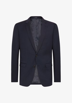 Blazer azul marino oscuro con una silueta estructurada, cierre de dos botones, solapas de muesca, bolsillos laterales y forro interior suave.