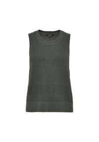Débardeur gris foncé en tricot avec encolure et ourlet côtelés, taille 36, étalé à plat sur un fond blanc.
