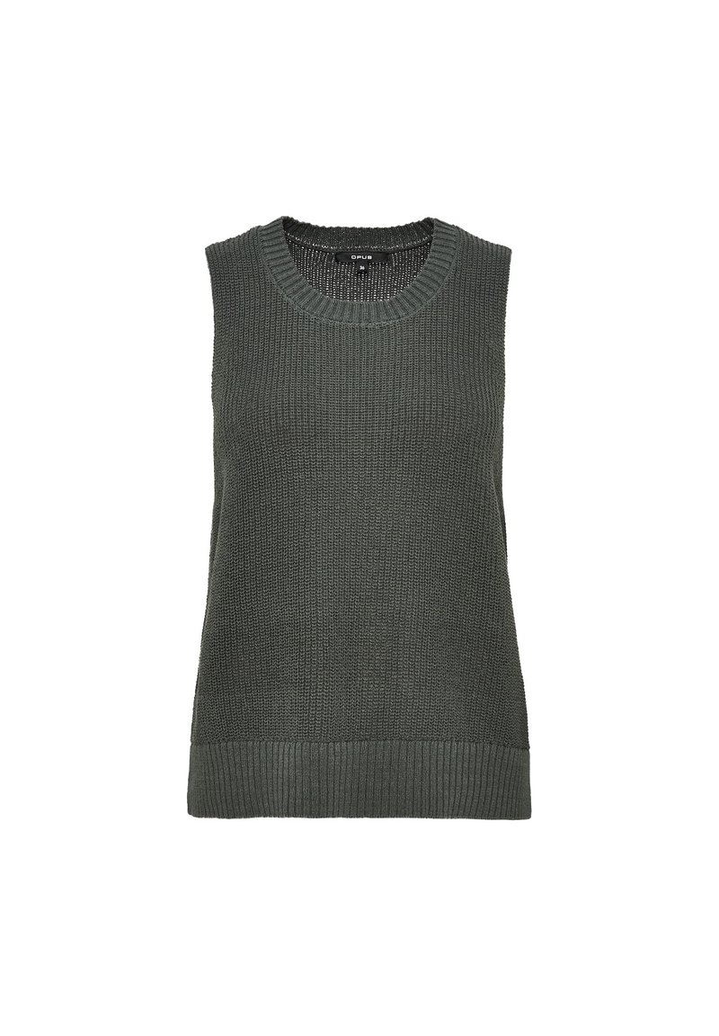 Débardeur gris foncé en tricot avec encolure et ourlet côtelés, taille 36, étalé à plat sur un fond blanc.