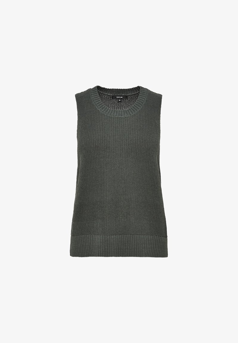 Débardeur gris foncé en tricot avec encolure et ourlet côtelés, taille 36, étalé à plat sur un fond blanc.