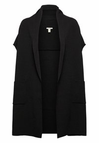 Zwarte cardigan zonder mouwen met een sjaalkraag, open voorkant, korte mouwen en twee voortassen. Gemaakt van een zachte, gestructureerde stof.