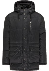 Vadderad svart parka-jacka med huva, zip-ficka på bröstet och två framfickor med tryckknappar. Slät, vattenavvisande material.