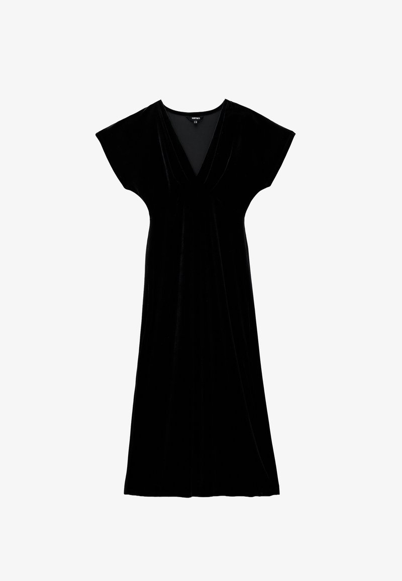 Vestito in velluto nero con scollatura profonda a V, maniche a cappuccio e silhouette fluida. Texture liscia senza motivi o accessori visibili.