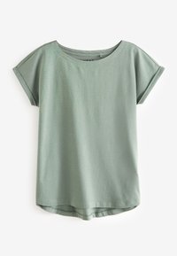 T-shirt vert à manches courtes en coton doux, doté d'un col arrondi, de manches retroussées et d'un ourlet légèrement arrondi.