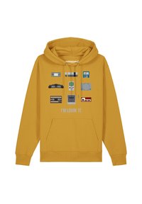 Yellow hoodie made of cotton, featuring a graphic of retro gaming consoles. Includes front pocket and drawstring hood. Text: “I'M LOVIN' IT.”