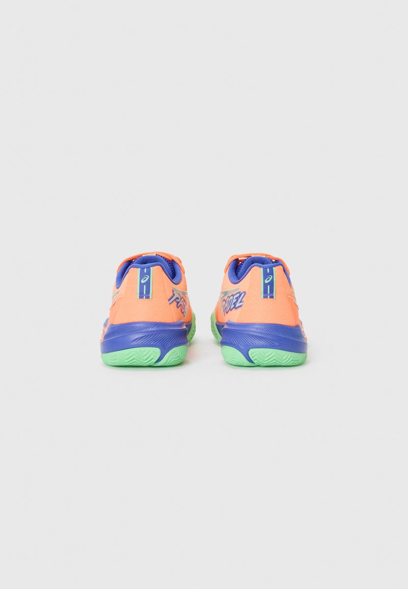 Orange sports shoes with blue and green accents, textured rubber outsole, and padded collar. Features bold "Pridez" branding on the heel.