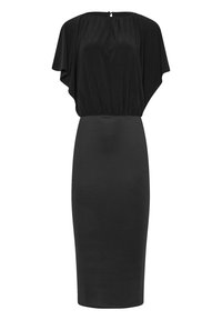 Robe noire avec un haut drapé à manches courtes et une jupe crayon ajustée. Fabriquée en tissu lisse, elle dispose d'un col rond et d'une ouverture en forme de clé dans le dos.