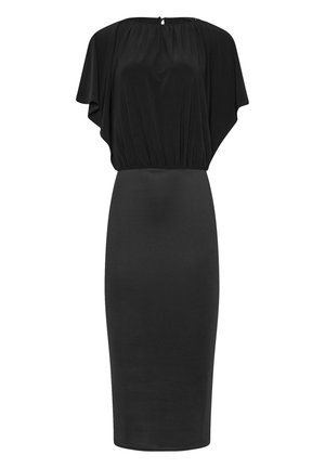Czarna sukienka z drapowanym topem na krótkie rękawy i dopasowaną spódnicą ołówkową. Wykonana z gładkiego materiału, ma okrągły dekolt i zapięcie w kształcie łezki na plecach.