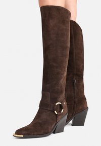 Suede brown knee-high boots with a gold-tone accent, pointed toe, tapered heel, and side zipper. Features a buckle detail at the ankle.