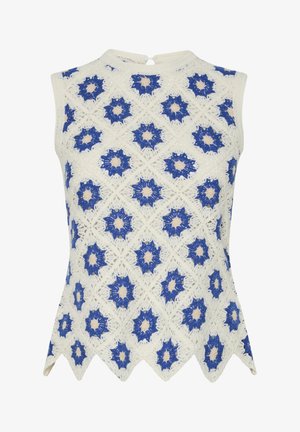 Varrukateta valge heegeldatud top siniste ja beežide lillemustritega ning lainelise alläärega, millel on väike tagumine nööbikinnitus.