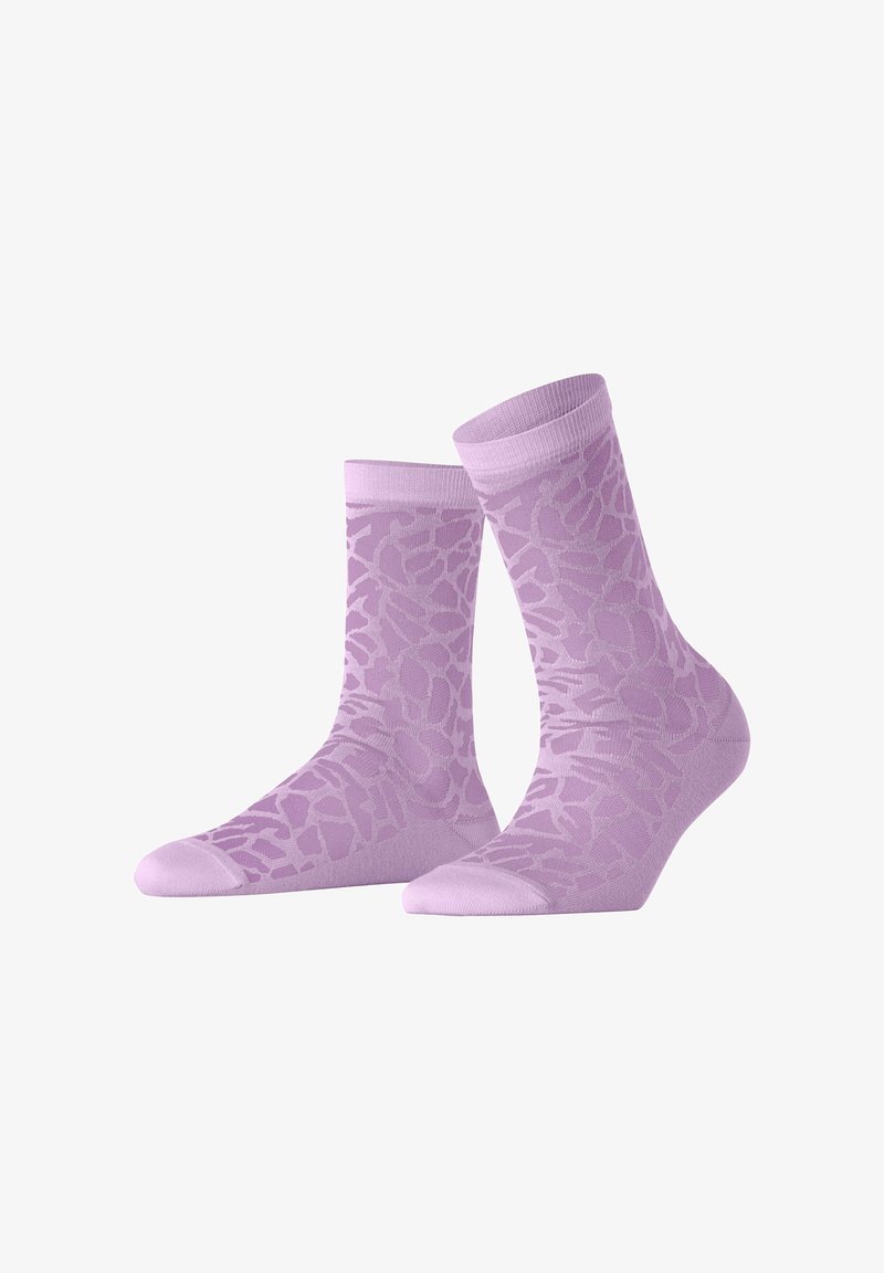 Purple socks featuring a floral pattern, made of soft material with a smooth texture, and a contrasting ribbed cuff at the top.