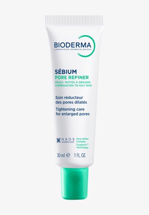 Bioderma Sébium Pore Refiner crèmetube voor gecombineerde tot vette huid, verstevigende verzorging voor vergrote poriën, 30 ml, wit met groene dop.