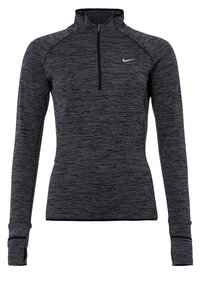 Ciemnoszary sportowy top z długim rękawem, z suwakiem do ćwierć długości, otworami na kciuki i małym logo Nike na lewej piersi.
