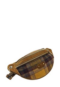 Pochette en tissu à carreaux dans des teintes de marron, jaune et violet, avec un dessus en suède, des fermetures éclair dorées et une plaque logo à l'avant. Forme courbée.