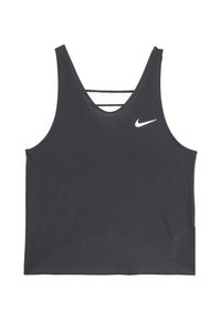 Canottiera nera in rete con scollo a barca e design racerback. Presenta un piccolo logo Nike bianco sul petto. Dettaglio in tessuto testurizzato.