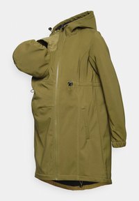 Parka de maternité vert olive, dotée d'une fermeture éclair, d'une taille ajustable avec cordon, d'une capuche et d'une grande manche unique pour plus de flexibilité.