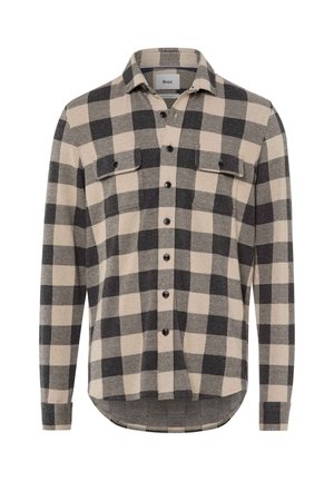 Karierte Flanelljacke in Beige und Schwarz mit langen Ärmeln, zwei Brusttaschen, Knopfverschluss vorne und abgerundetem Saum.