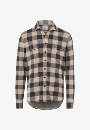 Karierte Flanelljacke in Beige und Schwarz mit langen Ärmeln, zwei Brusttaschen, Knopfverschluss vorne und abgerundetem Saum.