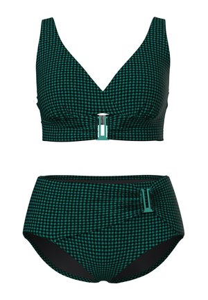 Tweedelig badpak met zwart-groen geblokt patroon, bestaande uit een V-hals top met sluiting en een broekje met hoge taille en gespsluiting aan de zijkant.