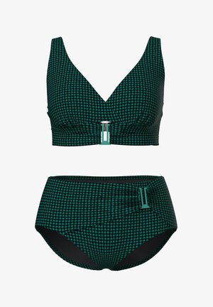 Zweiteiliger Badeanzug mit schwarz-grün kariertem Muster, bestehend aus einem V-Ausschnitt-Oberteil mit Verschluss und hoch taillierten Hosen mit seitlicher Schnallendetail.