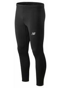 Zwarte sportleggingen met een gladde textuur, elastische tailleband en een klein wit logo aan de linkerkant. Voorzien van ritsen bij de enkels.